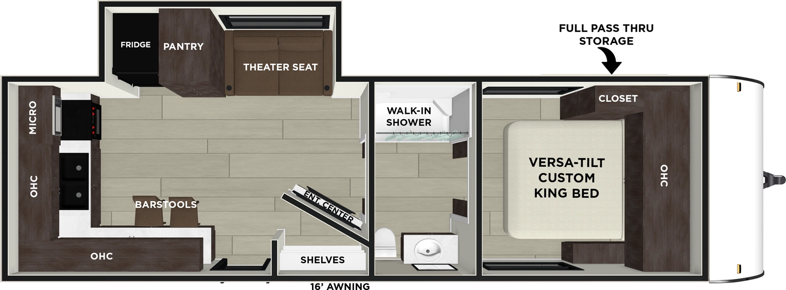 The Wildwood 22ERAS has one entry and one slide out. Exterior features include: metal or fiberglass exterior and 16' awning. Interiors features include: rear kitchen, front bedroom and pass through bathroom.
